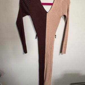 Fashion Nova Brown and Tan Long Sleeve Dress